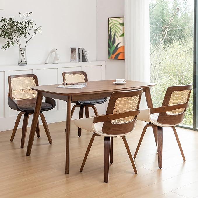 Set of 2 Mid Century Modern Chairs - Swivel Retro Walnut Dining Chairs with Ergonomic Cane Back, Curved Arms, Faux Leather Dining Chairs for Restaurant/Kitchen/Living Room (Walnut Brown)
