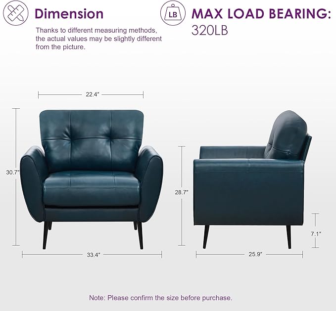 TYBOATLE Accent Chairs Set of 2, Comfy Modern Living Room Blue Faux Leather Reading Accent Chairs Tufted Mid Century Arm Chair Small Salon Chair for Office Bedroom (2, Blue)