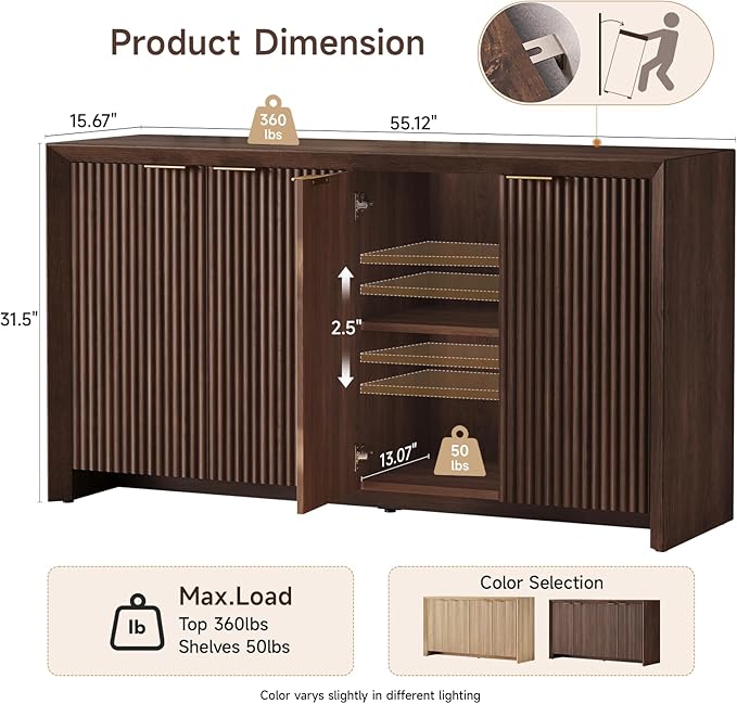 ONBRILL Fluted Sideboard Buffet Cabinet with Storage, Wooden Modern Fluted Sideboard with 4 Doors and 5 Adjustable Shelves, Coffee Bar Table for Dining Room, Hallway, Kitchen (Dark Walnut)
