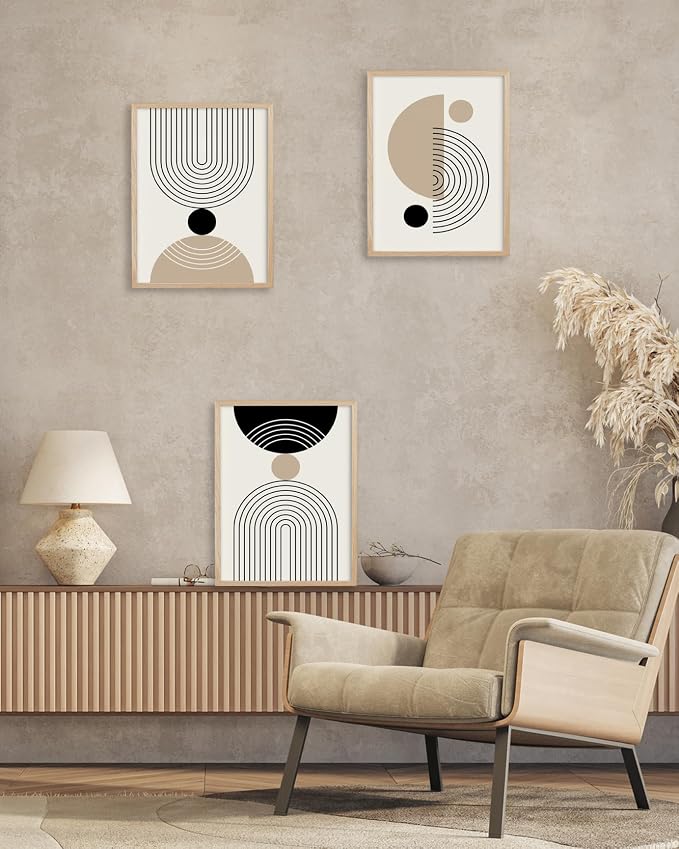 HesenDot Unframed Abstract Geometric Line Wall Art Set of 3, 12x16in Boho Mid Century Canvas Prints, Modern Arch Posters, Neutral Minimalist Wall Decor for Living Room Bedroom Bathroom Study, Unframed