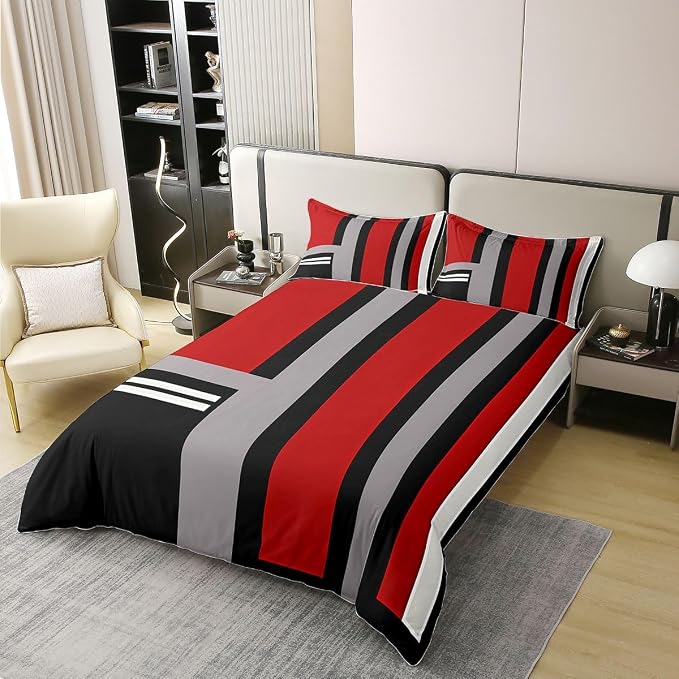 Erosebridal Red Grey Black Bedding Set Queen Abstract Geometric 100% Cotton Duvet Cover Minimalist Striped Comforter Cover for Kids Teens Adults Aesthetics Art Modern Bed Set 3 Pcs