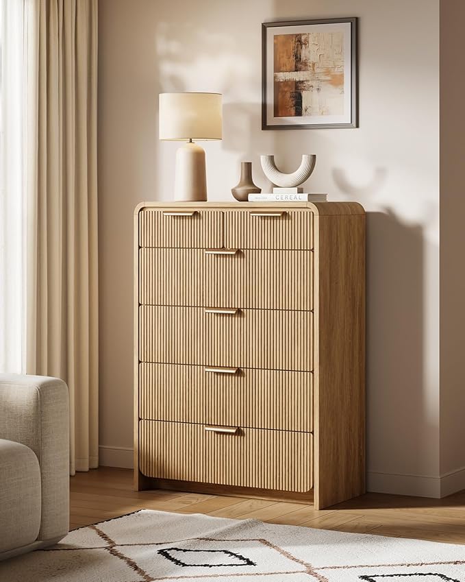 Fluted 6 Drawer Dresser for Bedroom, 44" Tall Modern Chest of Drawers, Curved Profile Design, Vertical Storage Dresser Organizer for Living Room, Hallway, Natural Oak
