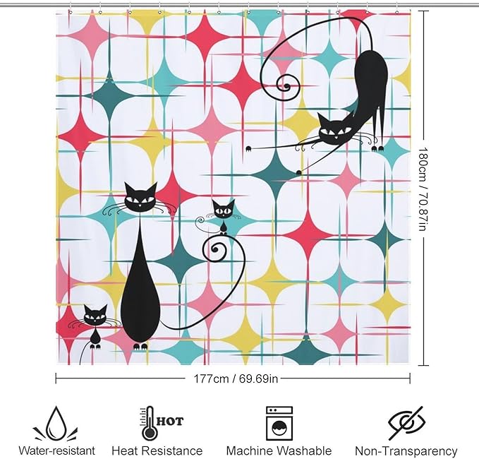 Mid Century Black Cat Shower Curtain,Retro Atomic Stars Abstract Iconic 60s Vintage Geometric Fabric Bathroom Decor Curtain with Hooks 72x72in（183x183cm）