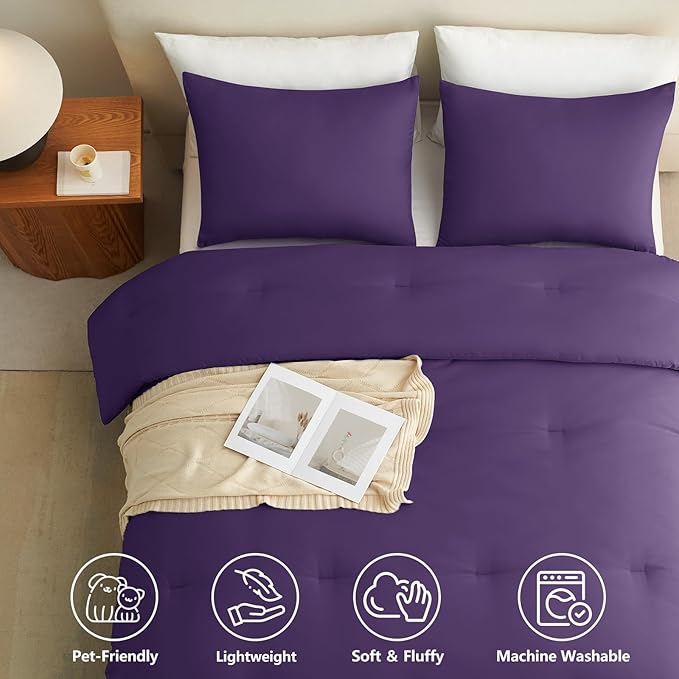 CozyLux Oversized King Comforter Set Purple, 3 Pieces 120"x98" Lightweight Down Alternative Quilted Bedding Sets, All Season Soft Breathable Solid Comforter with 2 Pillowcases, Bed Set Gift for Home