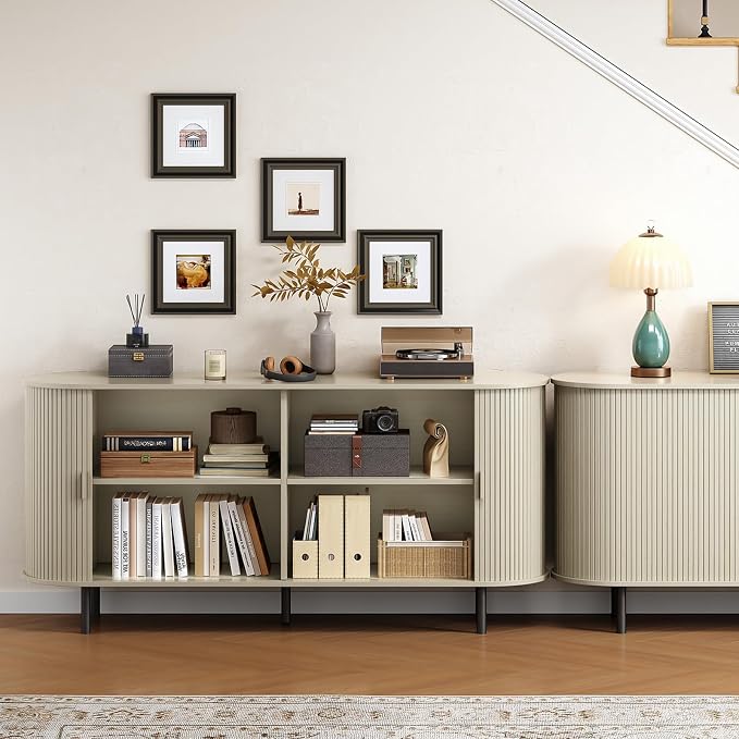 Buffet Cabinet with Storage, Fluted Sideboard Buffet with Sliding Door, Coffee Bar Cabinet with Adjustable Shelf, Console Table, Accent Table for Entryway, Kitchen (Natural White, 63 Inch)