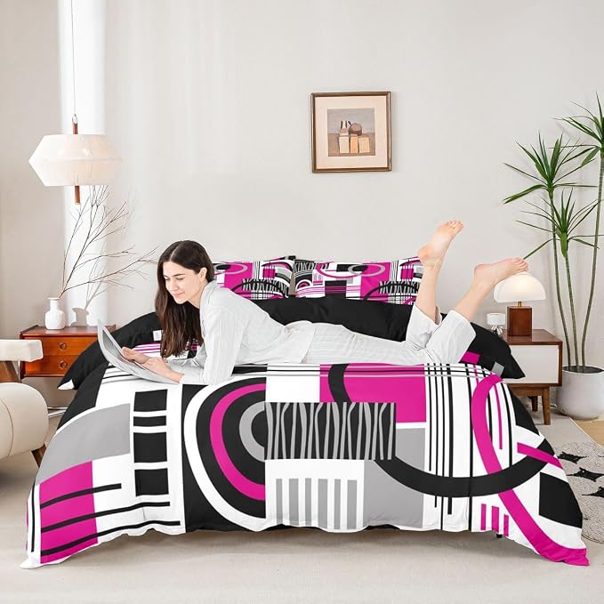 Art Deco Mid Century Duvet Cover Set Retro Modern Abstract Geometric Queen Bedding Set for Preteen Boys Girls Black and White Hot Pink Circles Stripes Comforter Cover Contemporary Bed Sets