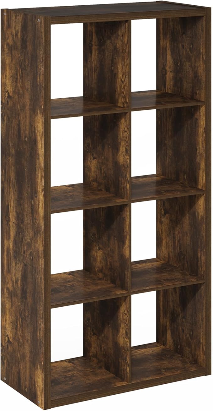 Furinno Cubicle Book Shelf, 8-Cube Bookshelf, Extra Thick Frame Horizontally & Vertically Reversible Bookcase with Open Back, 14.6" x 30" x 58", for Living Room, Bedroom, Home Office, Amber Pine