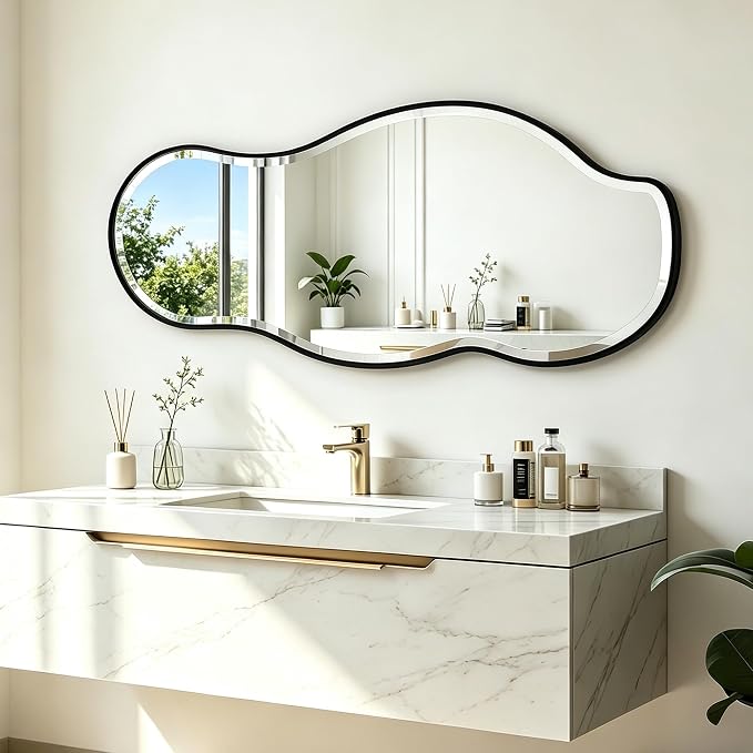 POZINO Irregular Beveled Mirror, 40"x18" Asymmetrical Vanity Wall Mirror with Black Metal Frame, Organic Shape Mirrors for Entryway Bedroom Bathroom Living Room, Horizontal/Vertical Hanging