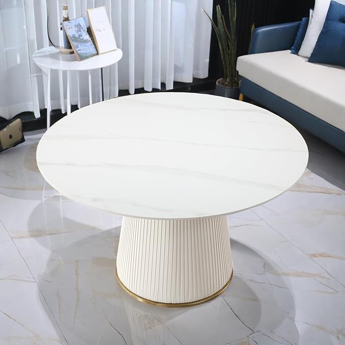 53'' Marble Round Dining Table, White Sintered Stone Tabletop and Cylindrical Base, Modern Dining Room Table for 4-6