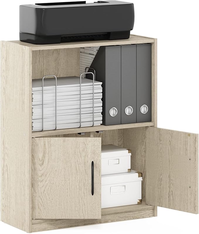 Furinno GRUEN Book Shelf, 2-Tier Small Bookshelf, Bookcase with Open Shelf and Doors Storage Cabinet, 9.3 x 21.8 x 27, for Organization, for Living Room, Bedroom, Home Office, Metropolitan Pine