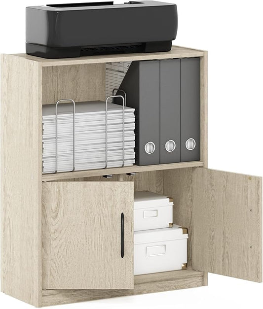 Furinno GRUEN Book Shelf, 2-Tier Small Bookshelf, Bookcase with Open Shelf and Doors Storage Cabinet, 9.3 x 21.8 x 27, for Organization, for Living Room, Bedroom, Home Office, Metropolitan Pine