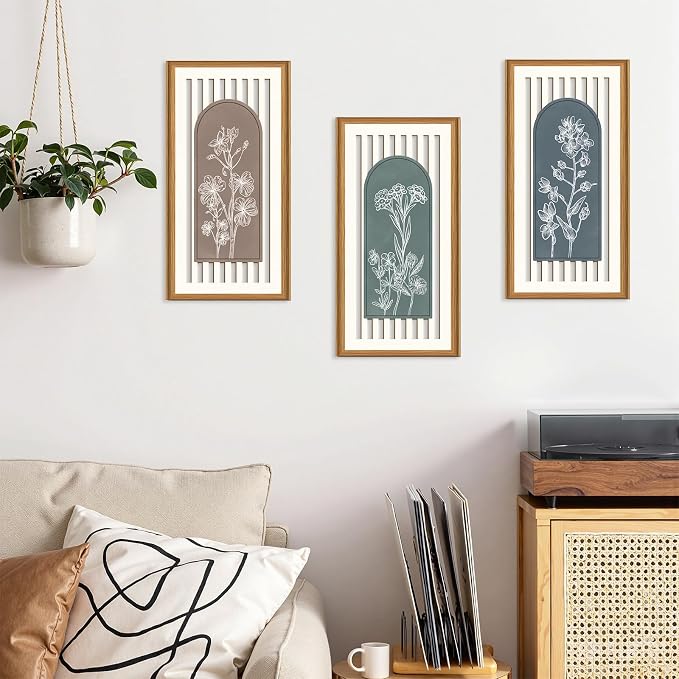 Celestdeco 3 Pcs Boho Flower Market Wall Decor Floral Botanical Modern Wood Wall Art Bohemian Floral Hanging Decor Abstract Minimalist Wooden Art for Living Room Bedroom Office 7.9 x15.8 Inch