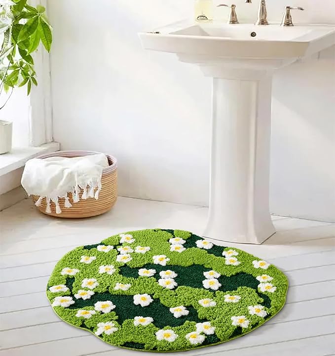 Cute Green Floral Large Bathroom Rugs Bath Mat 3ft Non Slip Washable, Modern Chic Boho Aesthetic Trendy Funky Microfiber Shaggy Tufted Grass Rugs for Bedroom Dorm Nursery Bathroom Kitchen