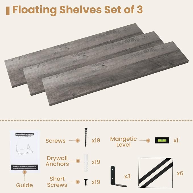 Heimlove Floating Book Shelves for Wall,35.4 Inches Long Wall Mounted Bookshelves,Heavy Duty Bracket Shelves for Living Room Kitchen,Laundry Room Storage & Decor,Set of 3,Silver Grey