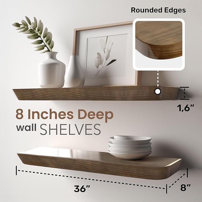 Premium Wood White Floating Shelves for Wall 16 Inch (Set of 2) (American Walnut, Glossy, 36" x 8" x 1.6")