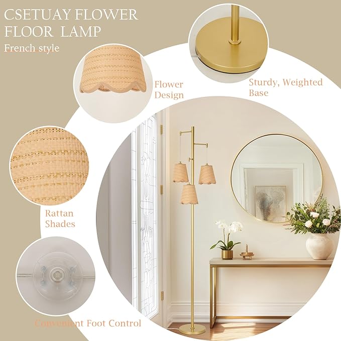 Boho Rattan Floor Lamp, 3-Lights Tree Tall Standing Lamp with Flower Shades Antique Brass Brush Paint Finish for Dining Room, Living Room, Bedroom