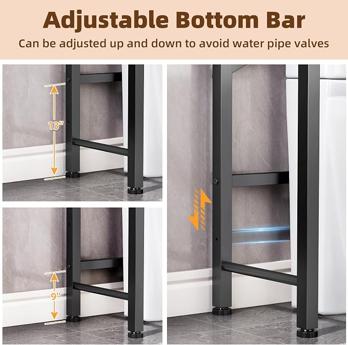 Kalrin Over The Toilet Storage Cabinet with Fluted Wave Doors and Adjustable Shelf, Wood Over Toilet Storage Rack with Drain Basket, Freestanding Bathroom Organizer for Balcony Laundry, Pure Black