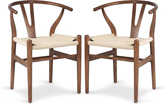 Poly & BARK Weave Dining Chairs – Mid-Century Modern Wishbone Dining Chairs with Arms, Solid Wood Frame, Indoor Use – Walnut– Set of 2 - Ideal for Dining Room, Kitchen or Stylish Accent Setting