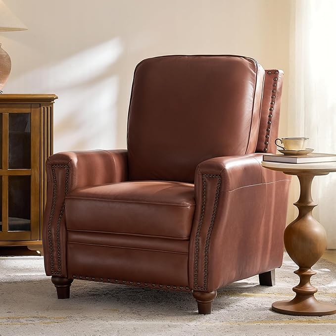HULALA HOME Genuine Leather Manual Recliner Chair,Classic Push Back Reclining Armchair Sofa with Thick Seat, Adjustable Backrest & Nailhead Trim for Living Room Home Theater (Brown)