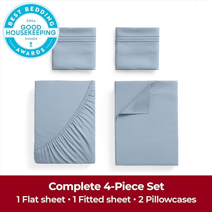 Mellanni Extra Deep King Sheets - 4 PC Iconic Collection Bedding - Hotel Luxury, Ultra Soft, Cooling Bed Sheets - Wrinkle, Fade, Stain Resistant (King, Blue Hydrangea)