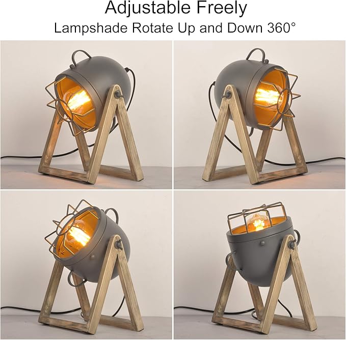 COSYLUX Vintage Table Lamp Grey Old Wood, Retro Searchlight Desk Light for Rustic Decor, Farmhouse Cage Cinema Adjustable Industrial Bedside Lighting for for Loft, Studio, Bedrooms (with no Bulb)