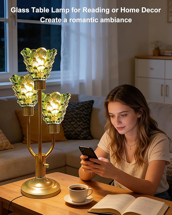 Lightdot Mid Century Modern Table Lamp for Bedroom Dimmable Nightstand Lamp Gold Vintage Desk Lamp Green Glass 3 Bulbs Included Warmwhite Ambient Bedside Lamp for Living Room Home Office Decor Gift