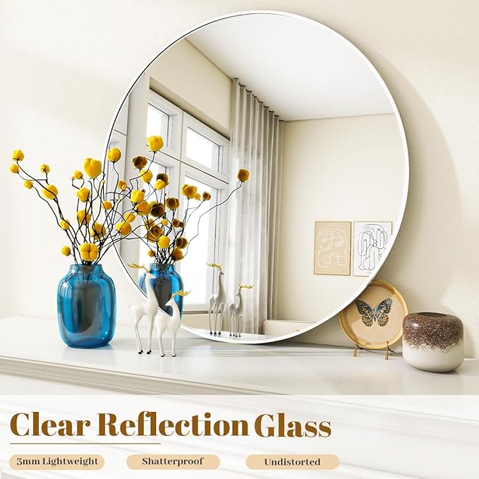 VooBang White Round Bathroom Mirror, 20 inch Circle Mirror,with Simple Metal Frame, Modern Round Hanging for Bathroom, Hallway, Livng Room (White Frame)