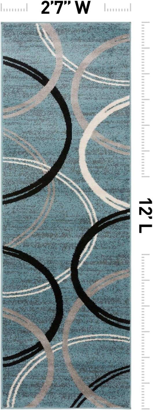 Rugshop Modern Wavy Circles Design Runner Rug, Non-Shedding Carpet for Hallway, Kitchen, or Entryway, Blue, 2'7" x 12'