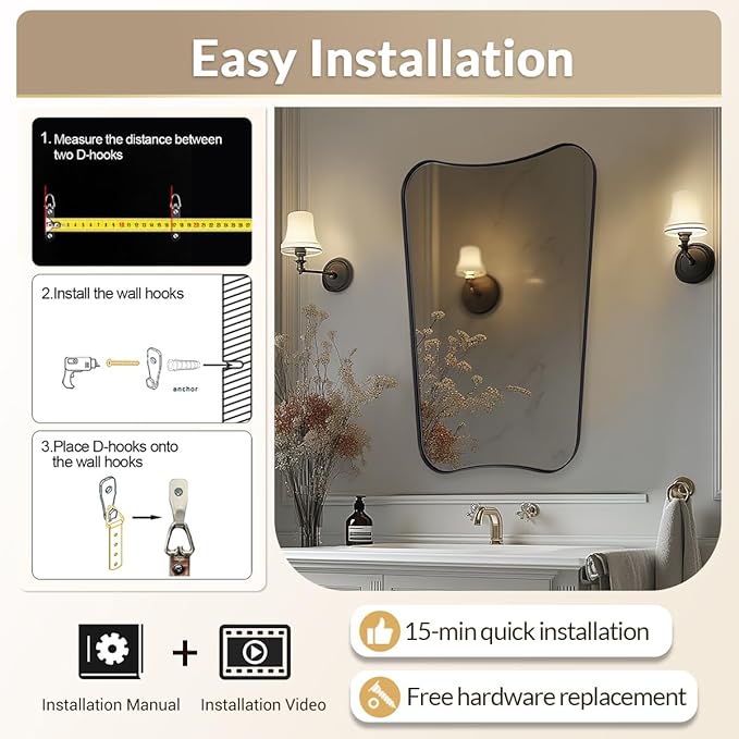 MIRRORTART Contemporary Black Bathroom Mirrors for Wall, 24x36'' Asymmetrical Scalloped Butterfly Rectangle Mirror in Stainless Steel Metal Frame for Home Decor Wall Mounted Vertical Only