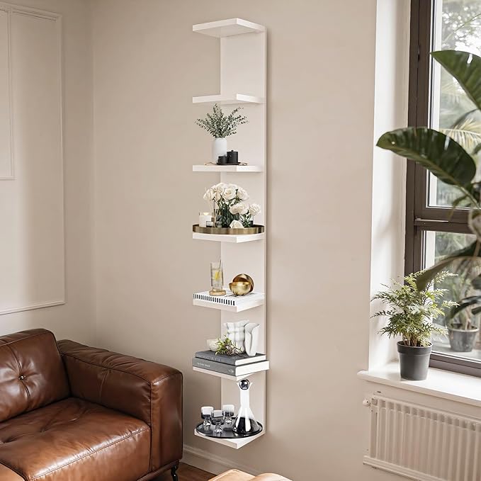 7 Tier Wall Shelf Unit,Vertical Column Floating Storage Home Decor Organizer,White Lack Wall Shelf for Bedroom,Living Room,Office Decor(2 Pack)