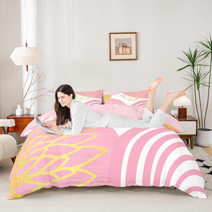 Erosebridal Mid Century Modern Duvet Cover Full Size for Kids Girls Teens - Pink and White Abstract Comforter Cover Boho Minimalist Aesthetic Bedding Set Chic Modern Geometric Bohemian Floral Bed Set