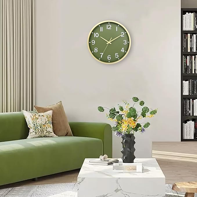 Wall Clocks Battery Operated 10 inch Modern Wall Clock,Silent Non Ticking Wall Clock for Living Room Bedroom Kitchen Office Classroom Decor (Green Gold)