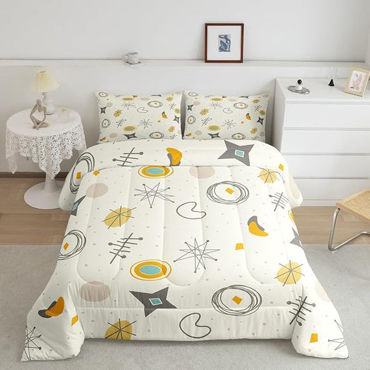 Kids Cartoon Atomic Bedding Twin Modern Mid Century Comforter Set, Retro Fifties Bedding Comforter Sets Hippie Abstract Duvet Insert, Geometric Polka Dots Down Comforter Teal Orange Room Decorative