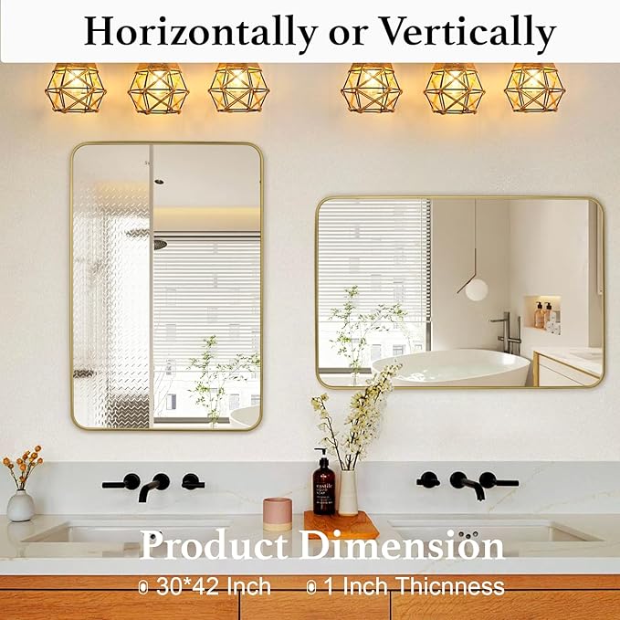 Gold Wall Mirror for Bathroom 30X42 Inch Stainless Steel Metal Frame Bathroom Vanity Mirror Rounded Rectangle Mirror Rustproof for Entryway, Living Room Hangs Vertically or Horizontally