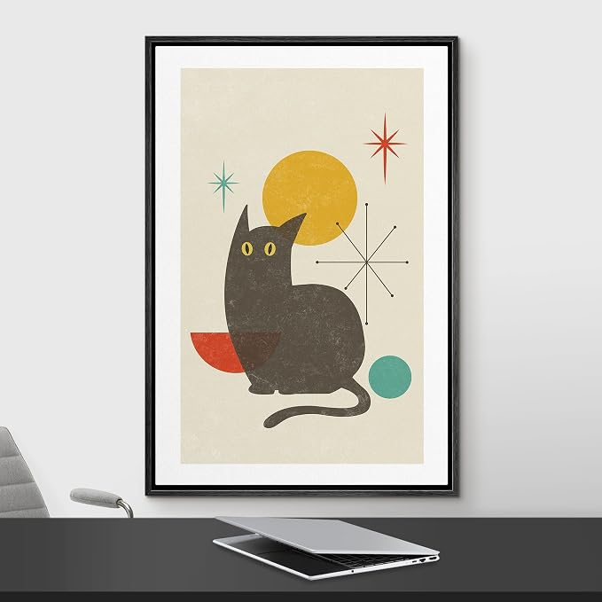Woodrose Framed Canvas Print Wall Art Retro Vintage Geometric Black Cat Animals Shapes Illustrations Modern Minimalist Chic Relax/Calm Multicolor for Living Room, Bedroom, Office - 24"x36" Black