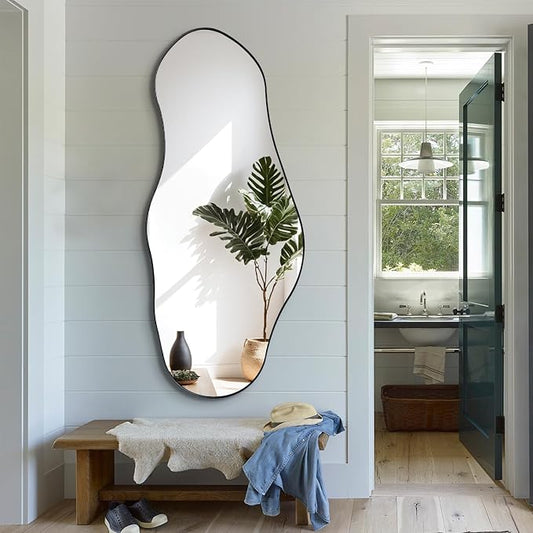 Irregular Wall Mirror, 47"x20.5" Asymmetrical Decorative Accent Mirror with Black Metal Frame, Organic Shape Mirrors for Entryway Bedroom Living Room, Horizontal or Vertical Hanging