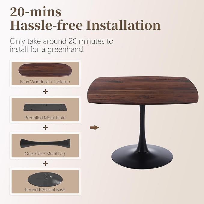 Square Dining Table,42.1" Tulip Table with Metal Pedestal,15-Minute Quick Assembly,Mid Century Modern Leisure Table for Kitchen Small Places Cafe (Faux Walnut)