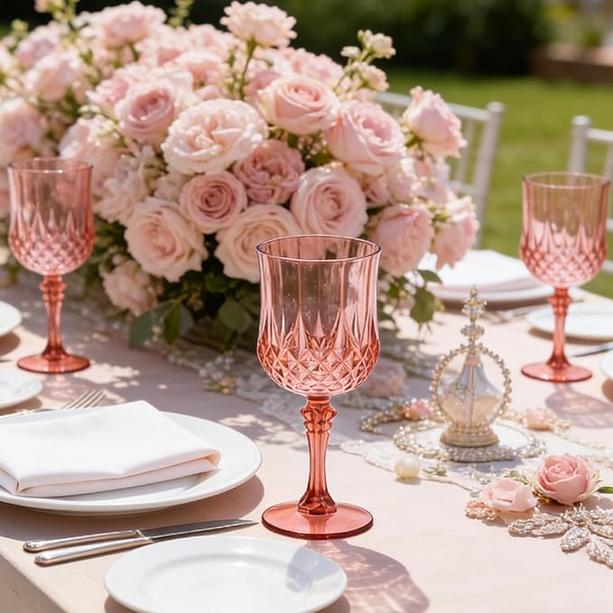 Plastic Wine Glasses, Plastic Goblets Vintage Style Cordial Drinking Glasses for Valentine’s Day, Wedding Reception, Grand Event Party Supplies (48, Rose Gold)