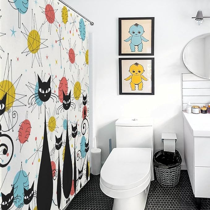 Mid Century Shower Curtain Christmas Tree Atomic Black Cat Aesthetic Patterned Duty Fabric Shower Curtains Set Bathroom Polyester Waterproof with 12 Hooks,72x72Inch（183x183cm）