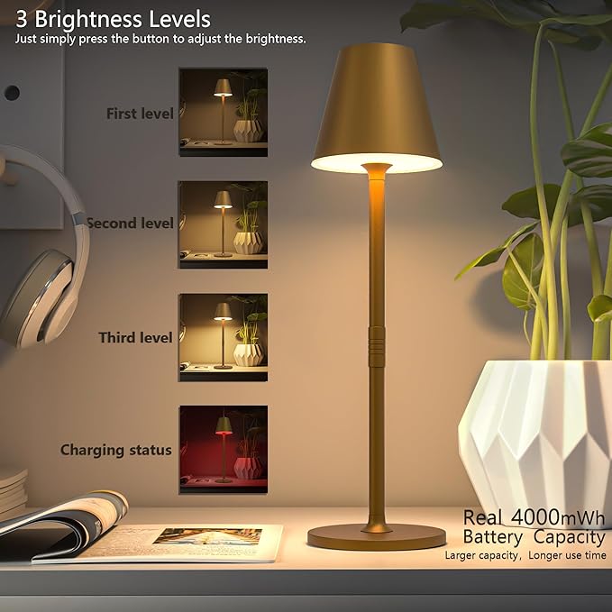 4-Pack Cordless Table Lamps - 5000mAh Rechargeable Battery Operated Desk Lamp, 3-Level Dimmable LED Night Light for Bedroom, Dining, Restaurant - Metal Design (Bronze 4PACK)
