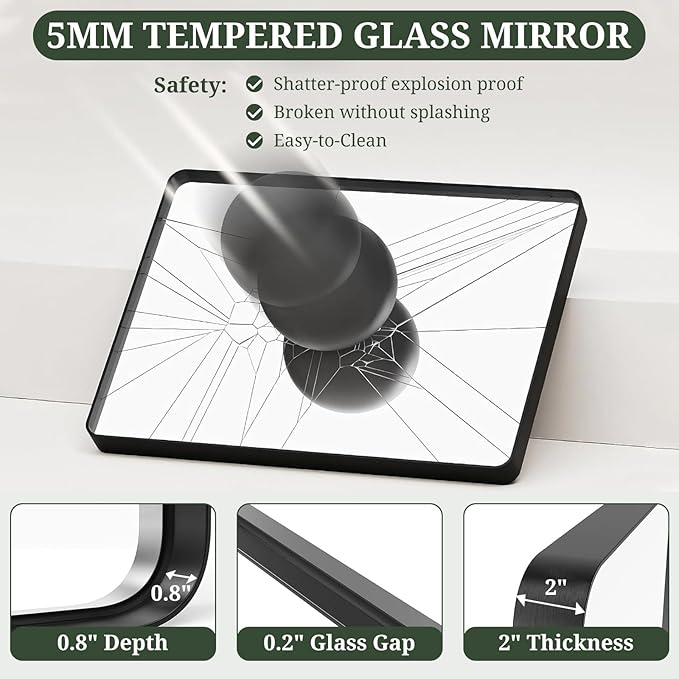 Bathroom Mirror 40x30 Inch Black Metal Frame Rectangle Vanity Mirror with Rounded Corners, Modern Wall Mounted Anti-Rust Mirror for Farmhouse, Restroom, Entryway, Horizontal or Vertical Hanging
