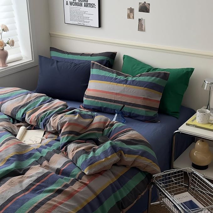 mixinni Vintage Striped Duvet Cover Queen Size 100% Washed Cotton 3 Piece Bedding Set Soft Breathable Retro Mid Century Modern Duvet Cover with Zipper Closure and Corner Ties for Boys Girls