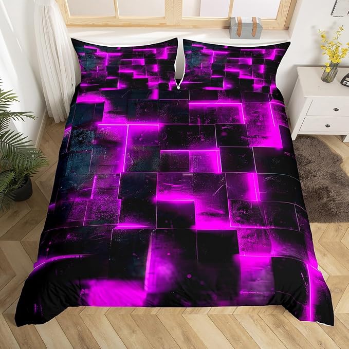 Purple Black Bed Set 3D Glowing Buffalo Duvet Cover Full Size Modern Abstract Art Full Bedding Sets Geometric Plaid Comforter Cover, Gradient Futuristic Cubes Bed Cover (Black Reversible)