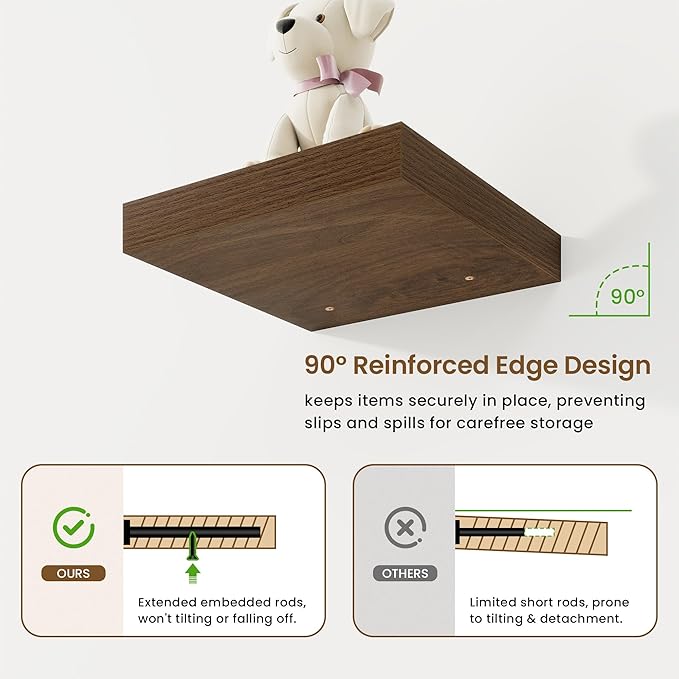 Square Floating Shelves for Wall, 10"W x 10"D x 1.25"H, 3 Packs Small Wall Mounted Engineered Wood Shelves with Invisible Brackets for Living Room, Bedroom, Bathroom, Kitchen Decor, Walnut