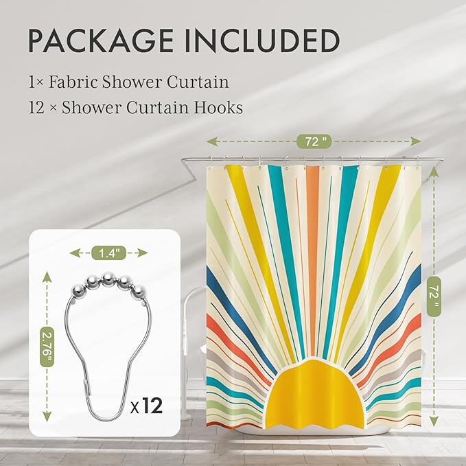 AmazerBath Shower Curtain, Washable Cloth Shower Curtain Sets with 12 Shower Curtain Hooks, Luxury Colorful Sunshine Yellow Waterproof Rustic Fabric Shower Curtains for Bathroom Decor, 72x72 Inches