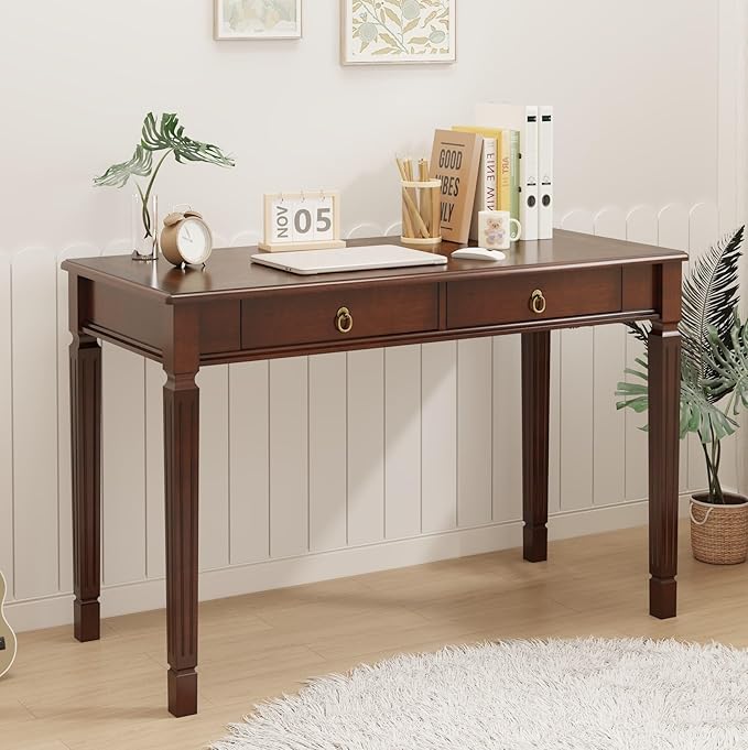 Large Computer Desk With 2 Storage Drawers, 46" Home Office Desks- , Elegant Wood Writing Desks with Carved Legs, Classic Vanity Dressing Table for Living Room, Easy Assembly, Caramel Brown BSZ-D1258