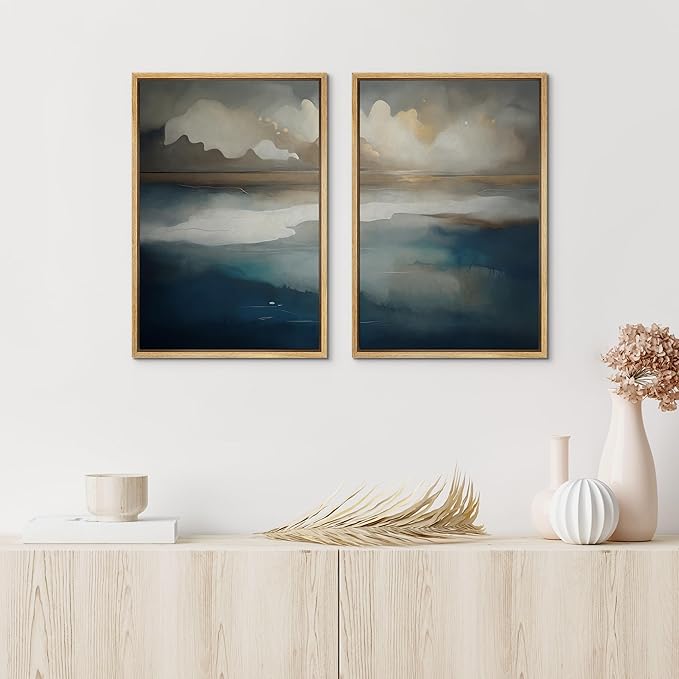 IDEA4WALL Framed Canvas Print Wall Art Set Ocean Cloudscape Blue and Beige Abstract Seascape Illustrations Modern Art Decorative Bohemian Calm/Zen for Living Room, Bedroom, Office - 24"x36"x2 Natural