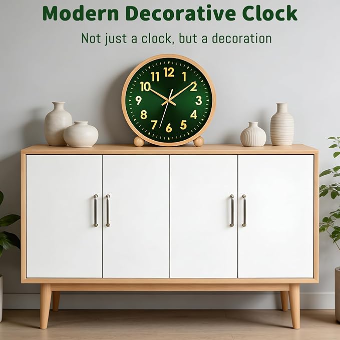 Maxspace Wooden Table Clock,8in Silent Non-Ticking Desk Clock,Battery Operated Desktop Analog Clock for Living Room Office Bedroom Decor (Green Gold - Log, Wooden Ball Base)
