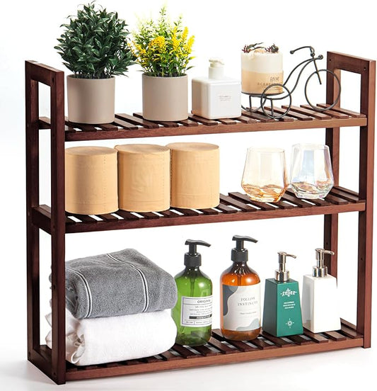 Wood Bathroom Shelf, 3-Tier Adjustable Shoes Rack&Plants Rack, Wall-Mounted or Stand for Living Room (Walnut)