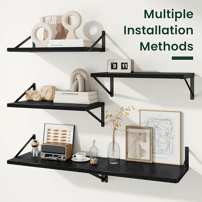 Floating Shelves, 12 Inch Deep Rustic Wood Wall Storage, 24W x 12D Wall Shelves Set of 2, Heavy Duty Metal Brackets, Large Industrial Book Shelf for Living Room, Kitchen, Bedroom, Black